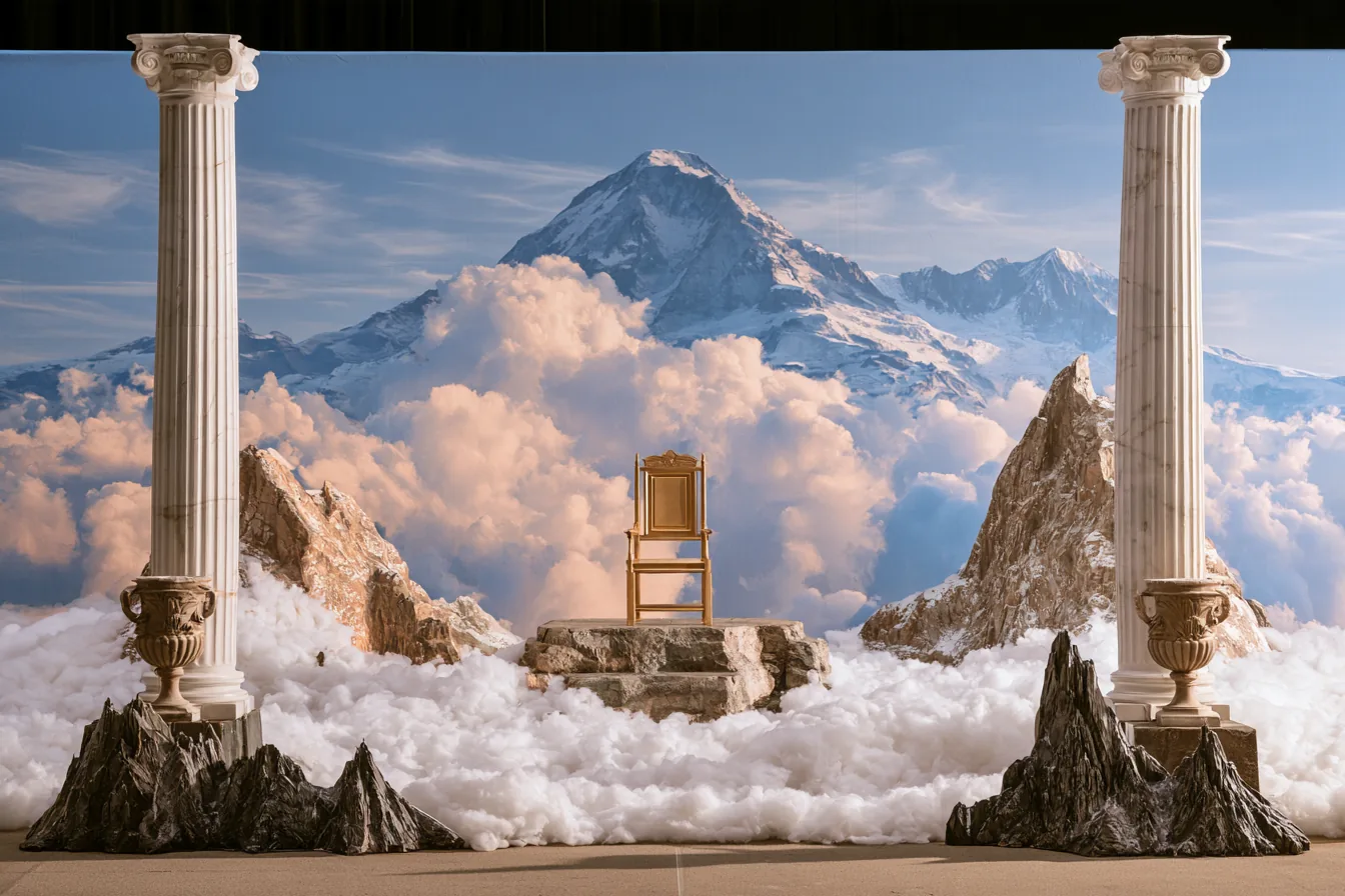 Mountain top built of pallets and dressed as a mountain. Should feature steps for kids to walk up safely and sit on the throne.
