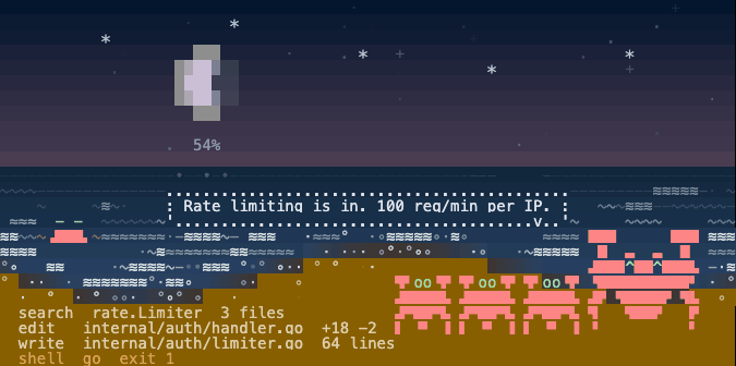 Night: the turn is done, a dotted balloon, the constellation lit, the moon with a number under it
