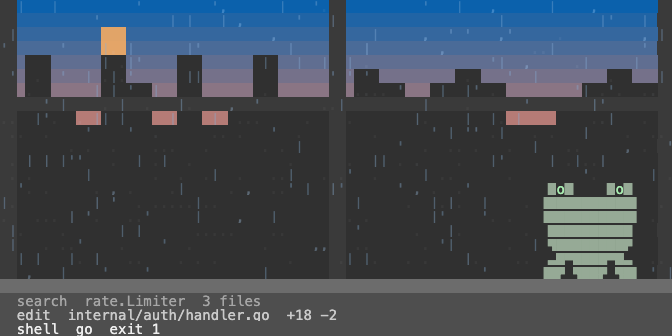 A rainy window at dusk: rain running down the glass, a city skyline behind it, a frog sitting on the inside sill