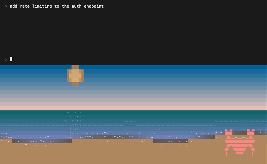 A terminal window: the agent's tool calls scrolling above, the animated shoreline below, the tide rising and falling, crablets arriving and walking into the water, the moon sinking as context fills, and the day turning from dawn to night